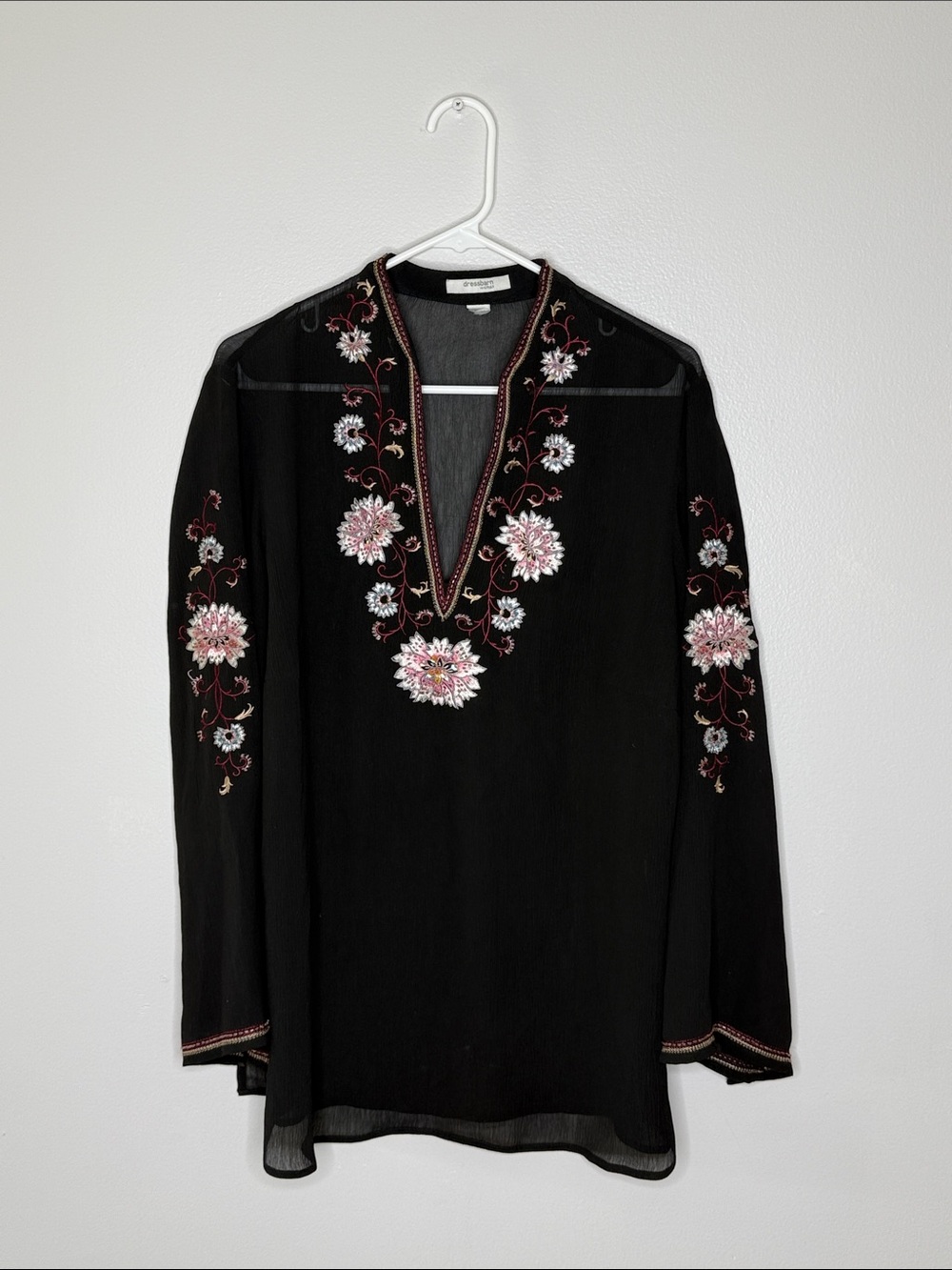 Dressbarn Black Embroidered V-Neck Tunic with Pink Floral Accents No Size